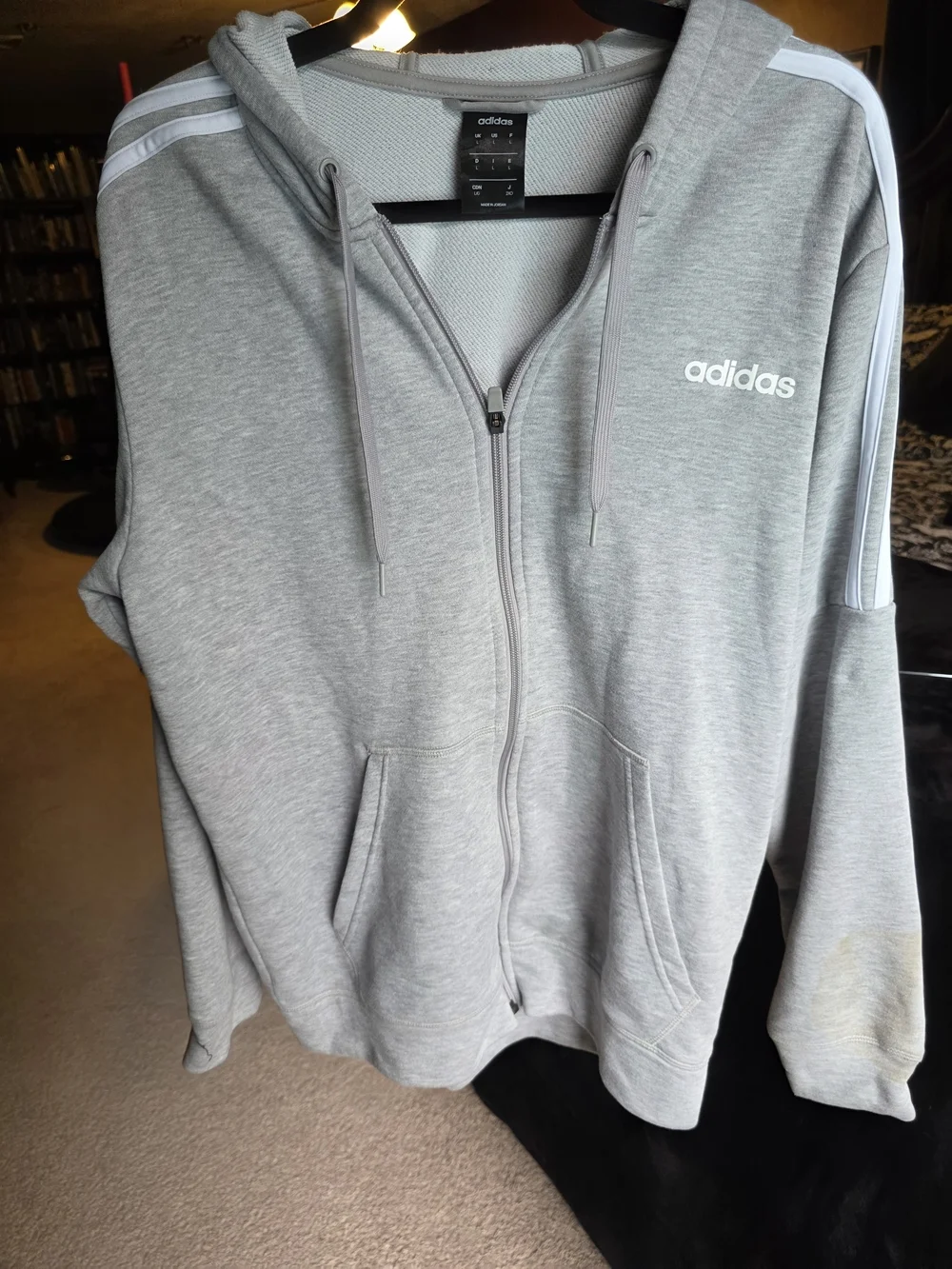 adidas Essentials 3-Stripes Full Zip Hoodie | Size Large | Heather Gray